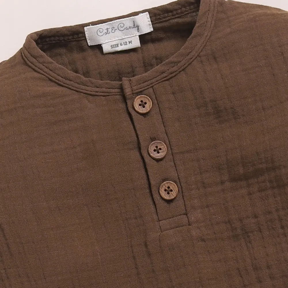 Cot &amp; Candy Baby Organic Muslin Long Sleeve Henley Tshirt With Lounge Pant Set-Cocoa Whisper