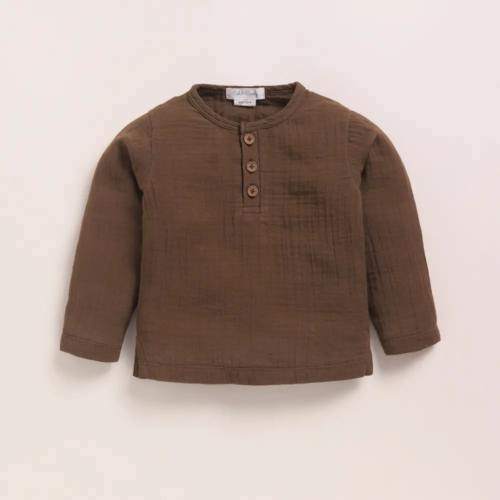 Cot &amp; Candy Baby Organic Muslin Long Sleeve Henley Tshirt With Lounge Pant Set-Cocoa Whisper