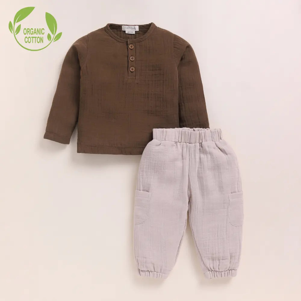 Cot &amp; Candy Baby Organic Muslin Long Sleeve Henley Tshirt With Lounge Pant Set-Cocoa Whisper + Oatmeal