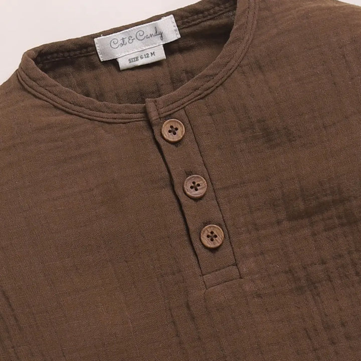 Cot &amp; Candy Baby Organic Muslin Long Sleeve Henley Tshirt With Lounge Pant Set-Cocoa Whisper + Oatmeal