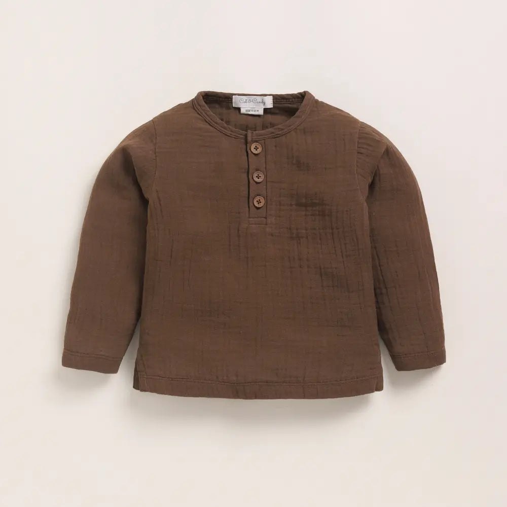 Cot &amp; Candy Baby Organic Muslin Long Sleeve Henley Tshirt With Lounge Pant Set-Cocoa Whisper + Oatmeal