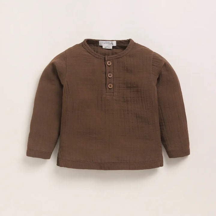 Cot &amp; Candy Baby Organic Muslin Long Sleeve Henley Tshirt With Lounge Pant Set-Cocoa Whisper + Oatmeal