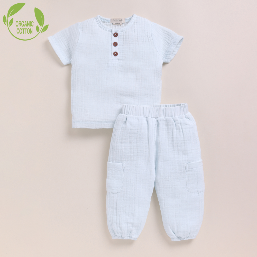 Cot &amp; Candy Baby Organic Muslin Short Sleeve Henley T-shirt With Lounge Pant Set-Icemelt