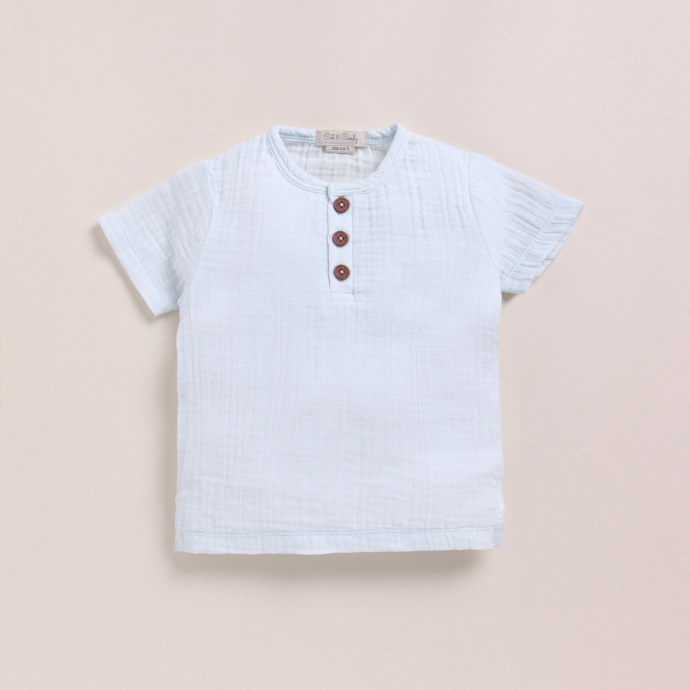 Cot &amp; Candy Baby Organic Muslin Short Sleeve Henley T-shirt With Lounge Pant Set-Icemelt