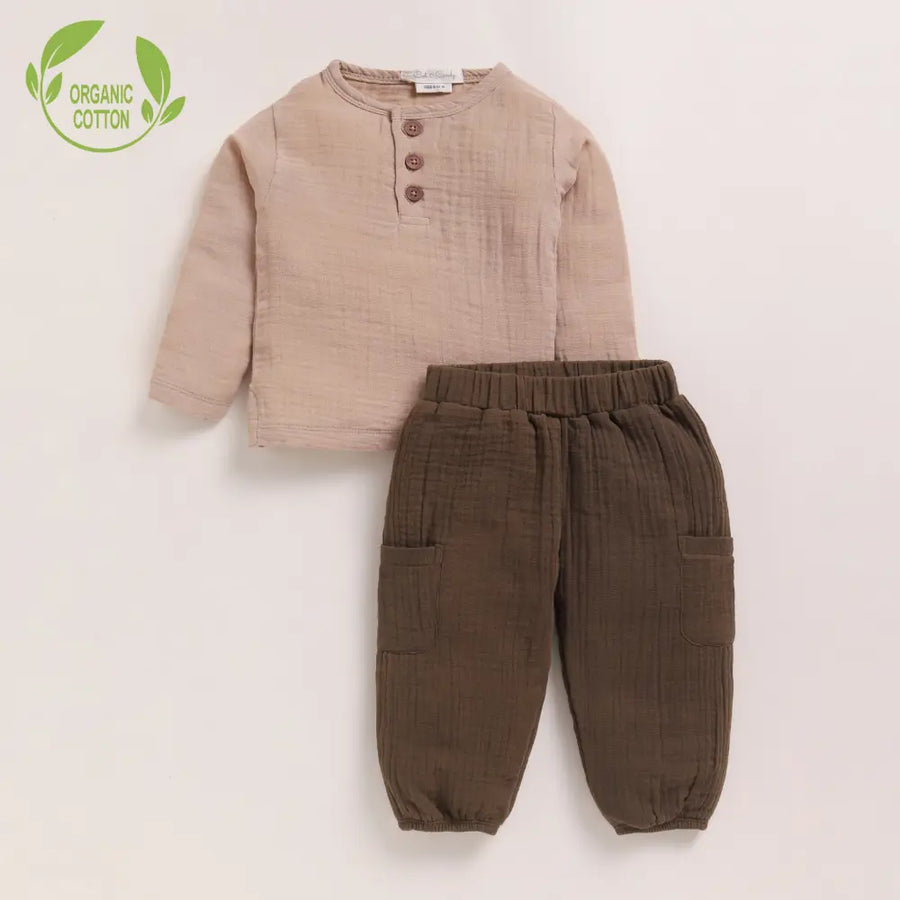 Cot & Candy Baby Organic Muslin Long Sleeve Henley Tshirt With Lounge Pant Set-Latte + Cocoa Whisper
