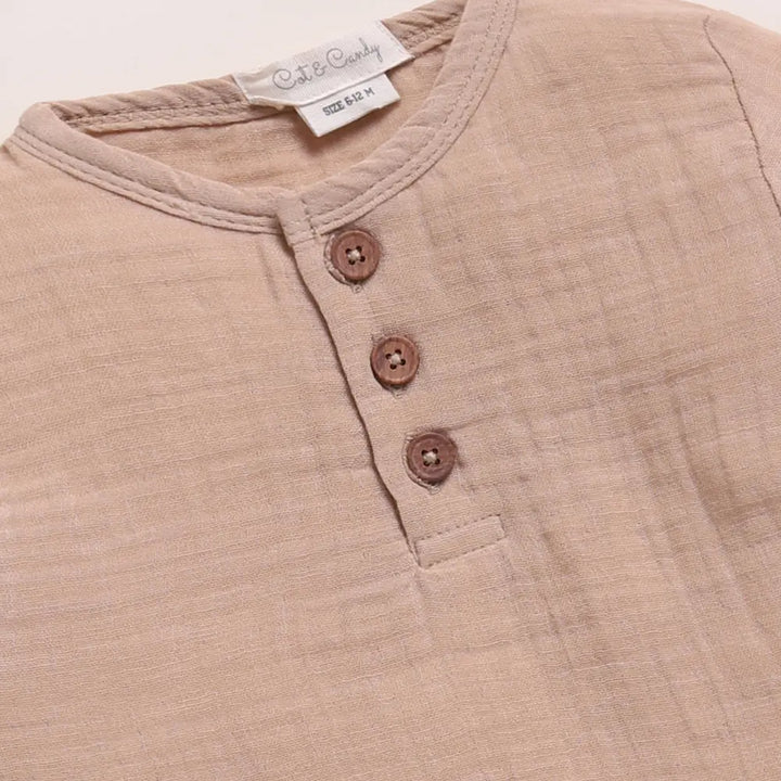 Cot &amp; Candy Baby Organic Muslin Long Sleeve Henley Tshirt With Lounge Pant Set-Latte + Cocoa Whisper