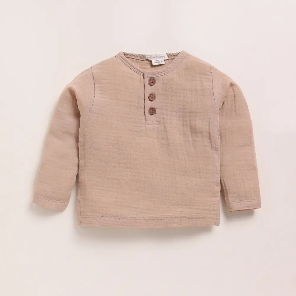 Cot &amp; Candy Baby Organic Muslin Long Sleeve Henley Tshirt With Lounge Pant Set-Latte + Cocoa Whisper