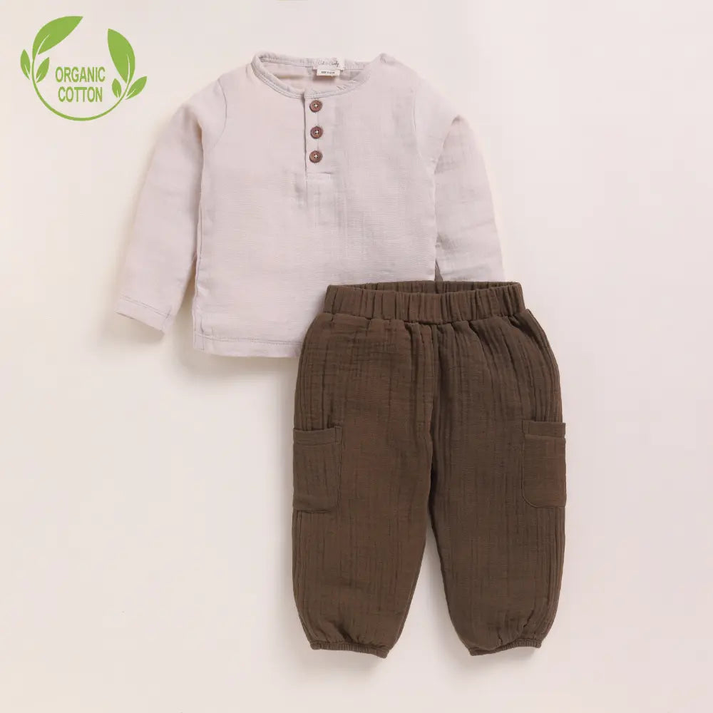 Cot &amp; Candy Baby Organic Muslin Long Sleeve Henley Tshirt With Lounge Pant Set-Oatmeal + Cocoa Whisper
