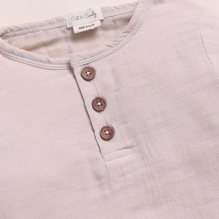 Cot &amp; Candy Baby Organic Muslin Long Sleeve Henley Tshirt With Lounge Pant Set-Oatmeal + Cocoa Whisper