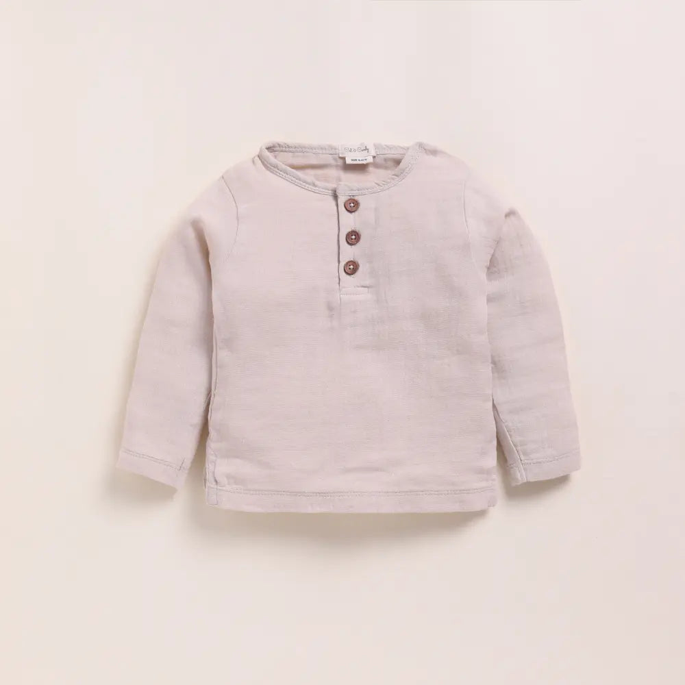 Cot &amp; Candy Baby Organic Muslin Long Sleeve Henley Tshirt With Lounge Pant Set-Oatmeal + Cocoa Whisper