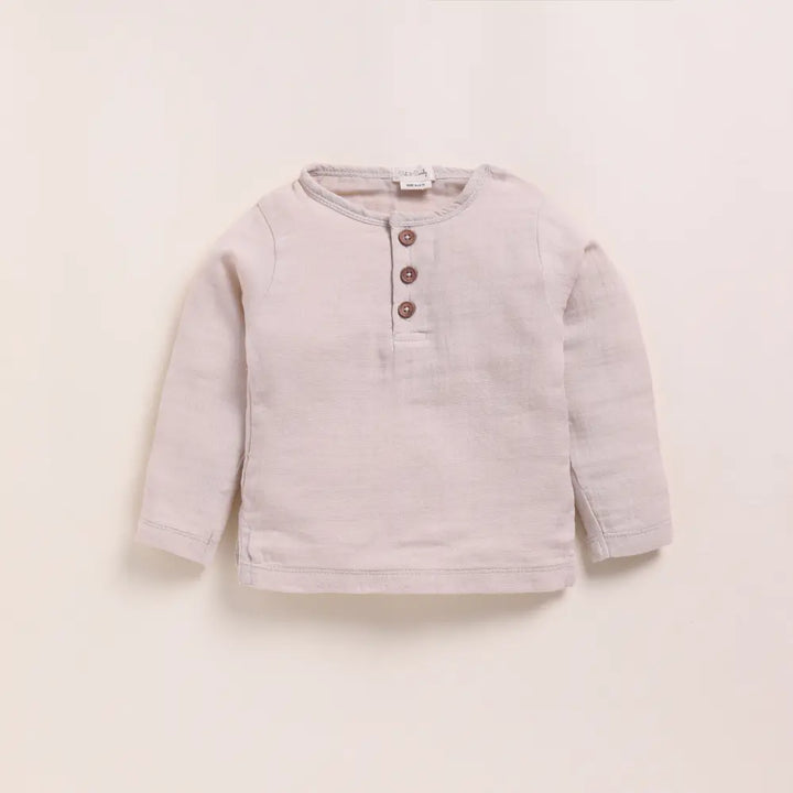 Cot &amp; Candy Baby Organic Muslin Long Sleeve Henley Tshirt With Lounge Pant Set-Oatmeal + Cocoa Whisper