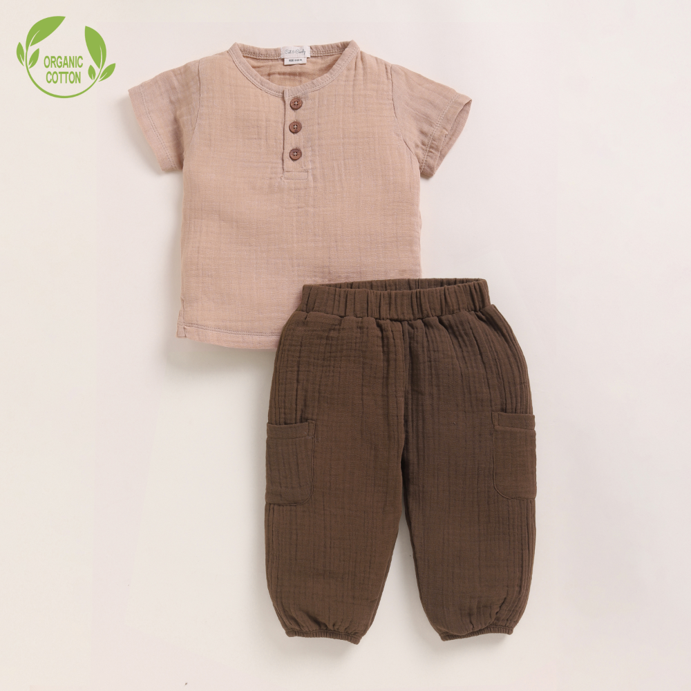 Cot &amp; Candy Baby Organic Muslin Short Sleeve Henley T-shirt With Lounge Pant Set-Latte + Cocoa Whisper