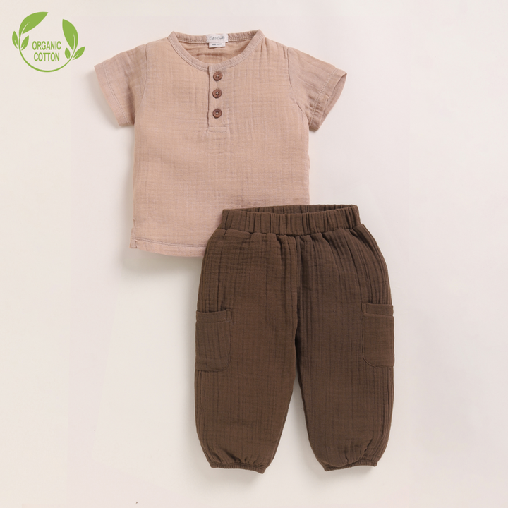 Cot &amp; Candy Baby Organic Muslin Short Sleeve Henley T-shirt With Lounge Pant Set-Latte + Cocoa Whisper