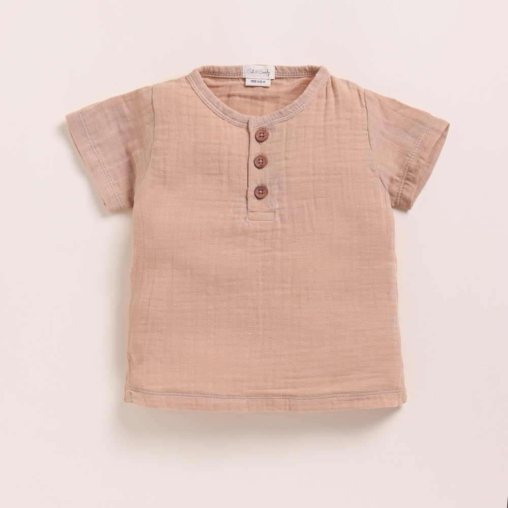 Cot &amp; Candy Baby Organic Muslin Short Sleeve Henley T-shirt With Lounge Pant Set-Latte + Cocoa Whisper