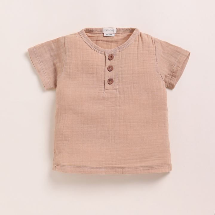 Cot &amp; Candy Baby Organic Muslin Short Sleeve Henley T-shirt With Lounge Pant Set-Latte + Cocoa Whisper