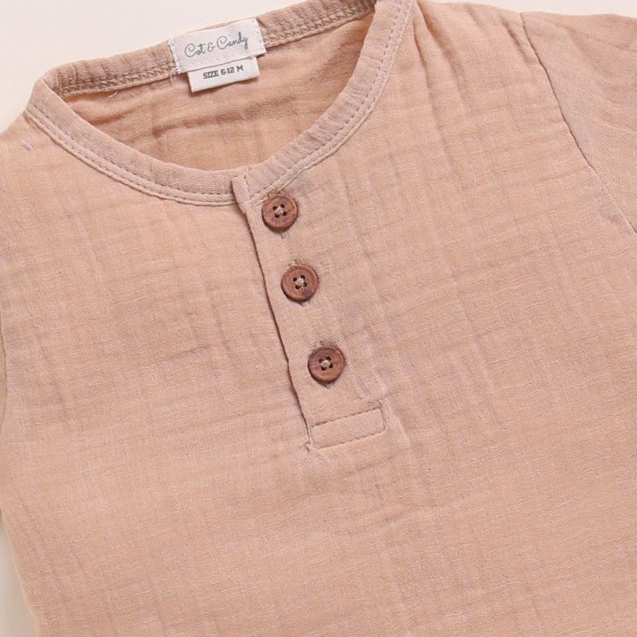 Cot &amp; Candy Baby Organic Muslin Short Sleeve Henley T-shirt With Lounge Pant Set-Latte + Cocoa Whisper