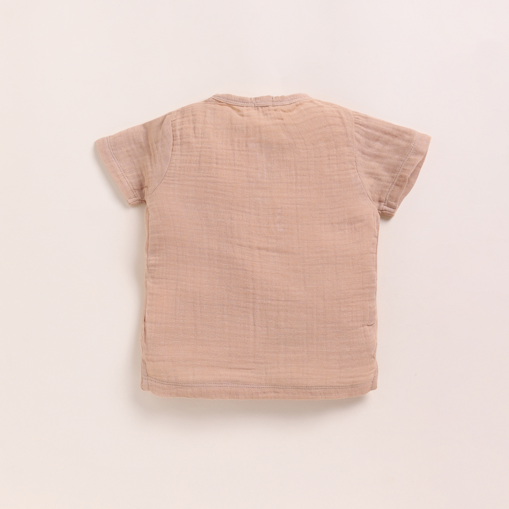 Cot &amp; Candy Baby Organic Muslin Short Sleeve Henley T-shirt With Lounge Pant Set-Latte + Cocoa Whisper