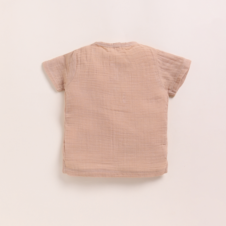 Cot &amp; Candy Baby Organic Muslin Short Sleeve Henley T-shirt With Lounge Pant Set-Latte + Cocoa Whisper