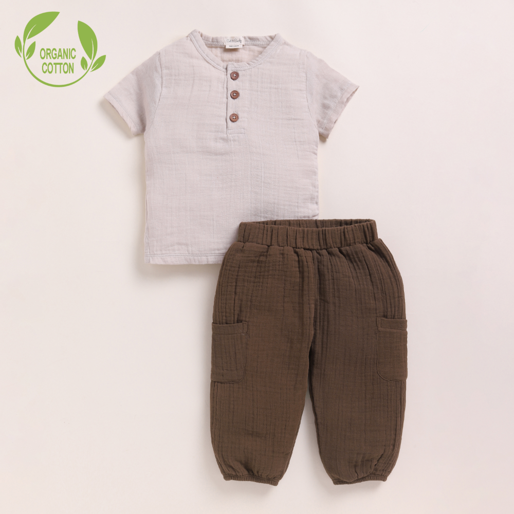 Cot &amp; Candy Baby Organic Muslin Short Sleeve Henley T-shirt With Lounge Pant Set-Oatmeal + Cocoa Whisper