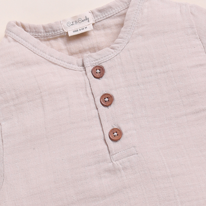 Cot &amp; Candy Baby Organic Muslin Short Sleeve Henley T-shirt With Lounge Pant Set-Oatmeal + Cocoa Whisper