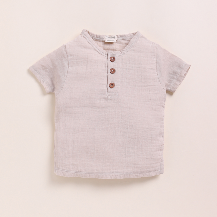 Cot &amp; Candy Baby Organic Muslin Short Sleeve Henley T-shirt With Lounge Pant Set-Oatmeal + Cocoa Whisper