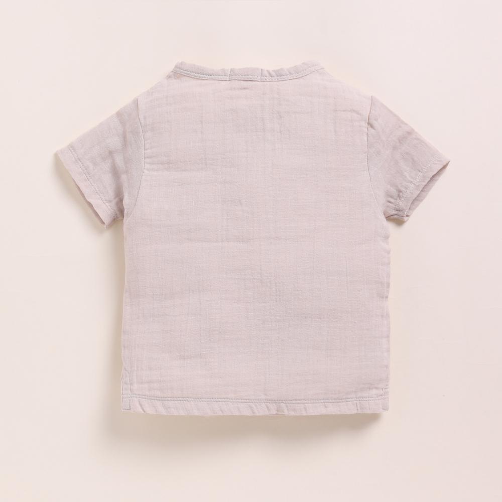 Cot &amp; Candy Baby Organic Muslin Short Sleeve Henley T-shirt With Lounge Pant Set-Oatmeal + Cocoa Whisper