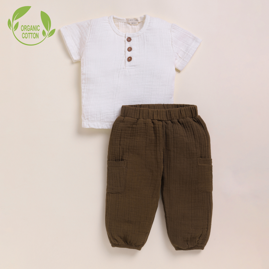 Cot & Candy Baby Organic Muslin Short Sleeve Henley T-shirt With Lounge Pant Set-Milk + Cocoa Whisper