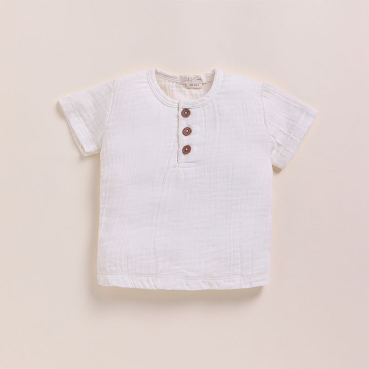 Cot &amp; Candy Baby Organic Muslin Short Sleeve Henley T-shirt With Lounge Pant Set-Milk + Cocoa Whisper