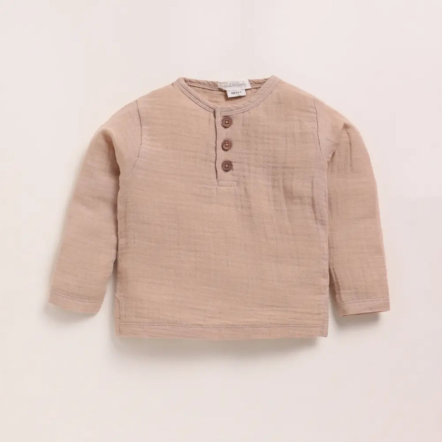 Cot & Candy Baby Organic Muslin Long Sleeve Henley T-Shirt-Latte