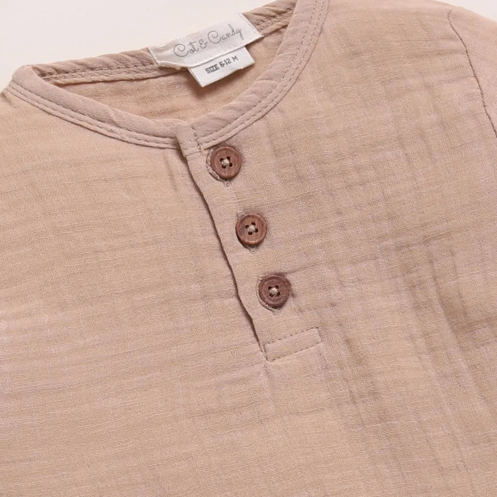 Cot &amp; Candy Baby Organic Muslin Long Sleeve Henley T-Shirt-Latte