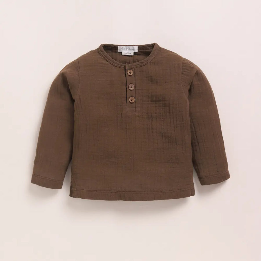 Cot & Candy Baby Organic Muslin Long Sleeve Henley T-Shirt-Cocoa Whisper