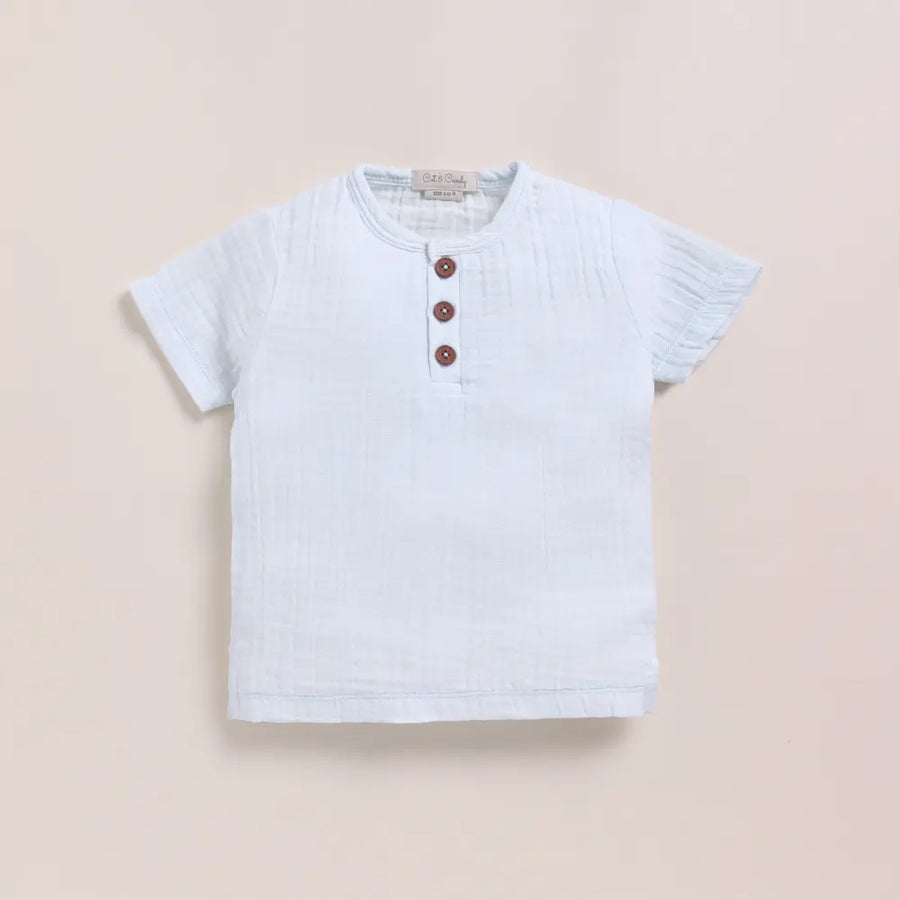 Cot & Candy Baby Organic Muslin Short Sleeve Henley T-Shirt-Ice Melt