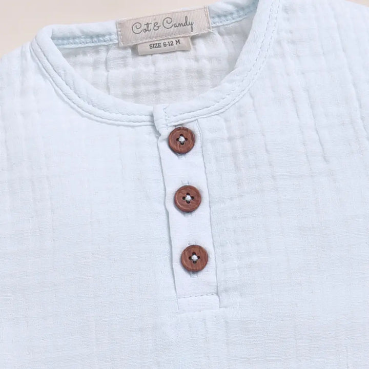 Cot &amp; Candy Baby Organic Muslin Short Sleeve Henley T-Shirt-Ice Melt