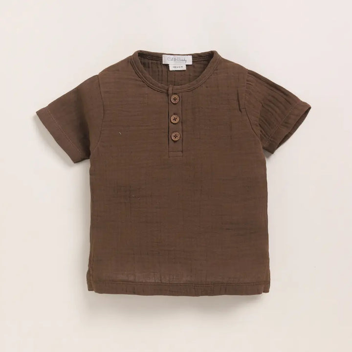 Cot &amp; Candy Baby Organic Muslin Short Sleeve Henley T-Shirt-Cocoa Whisper