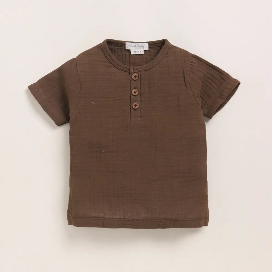 Cot & Candy Baby Organic Muslin Short Sleeve Henley T-Shirt-Cocoa Whisper