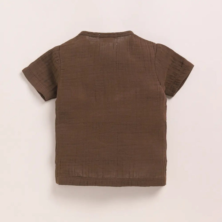 Cot &amp; Candy Baby Organic Muslin Short Sleeve Henley T-Shirt-Cocoa Whisper