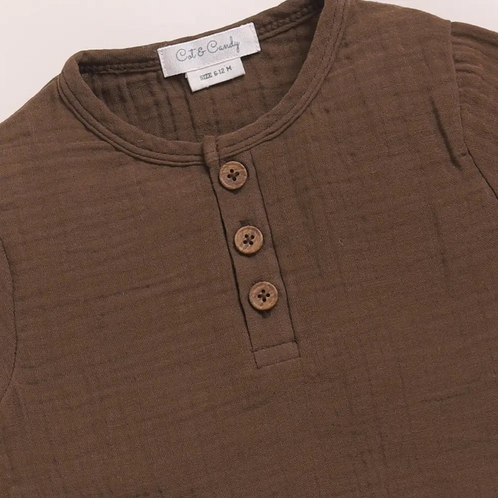 Cot &amp; Candy Baby Organic Muslin Short Sleeve Henley T-Shirt-Cocoa Whisper