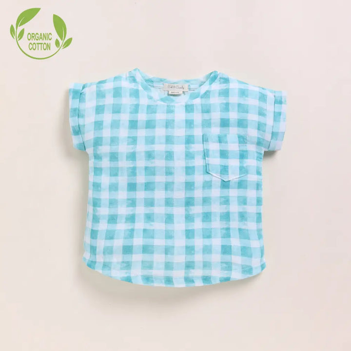 Cot &amp; Candy Baby Organic Muslin Oversized Tees-Teal Checks Print