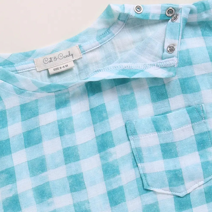 Cot &amp; Candy Baby Organic Muslin Oversized Tees-Teal Checks Print