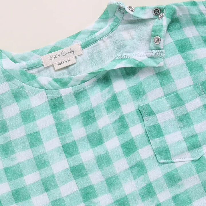Cot &amp; Candy Baby Organic Muslin Oversized Tees-Sage Checks Print