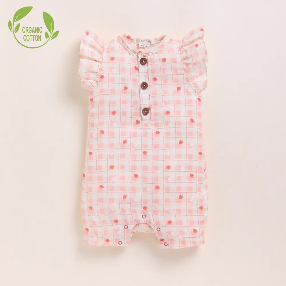 Cot &amp; Candy Baby Organic MuslinFrill Half Romper-Strawberry Print