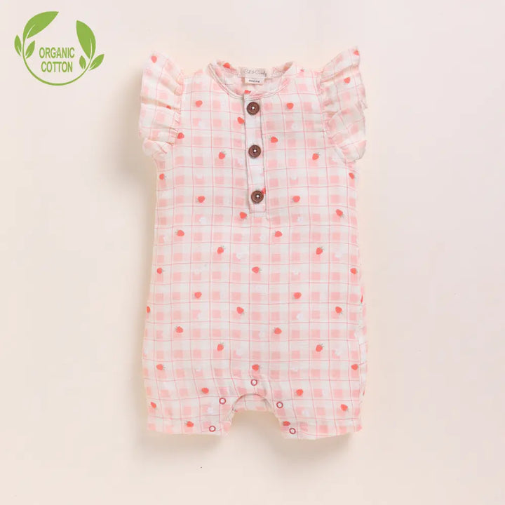 Cot &amp; Candy Baby Organic MuslinFrill Half Romper-Strawberry Print