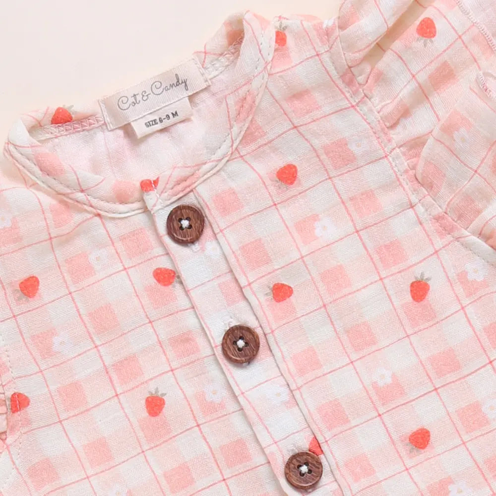 Cot &amp; Candy Baby Organic MuslinFrill Half Romper-Strawberry Print