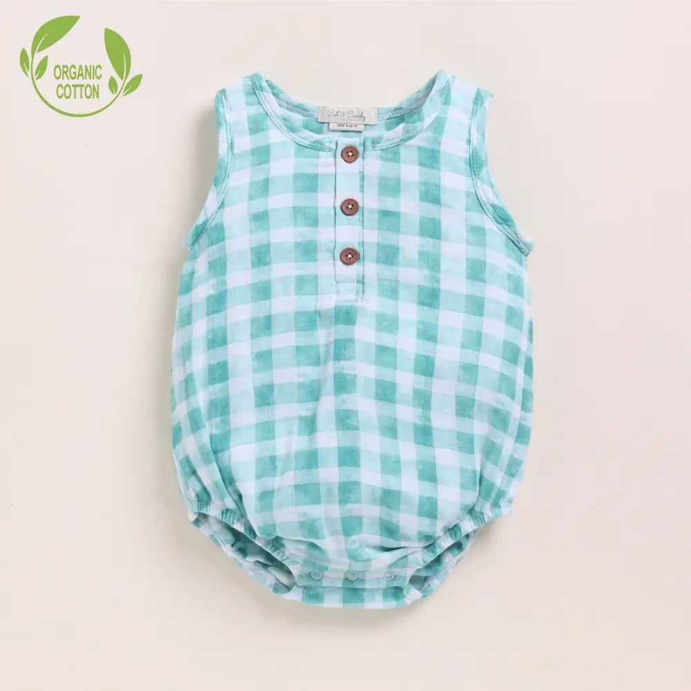 Cot &amp; Candy Baby Organic Muslin Bubble Romper-Teal Checks Print