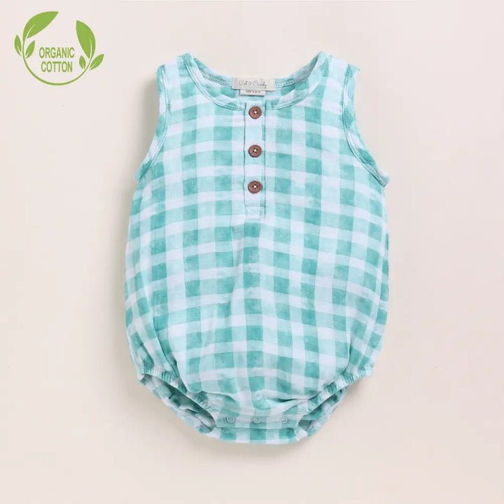 Cot &amp; Candy Baby Organic Muslin Bubble Romper-Teal Checks Print
