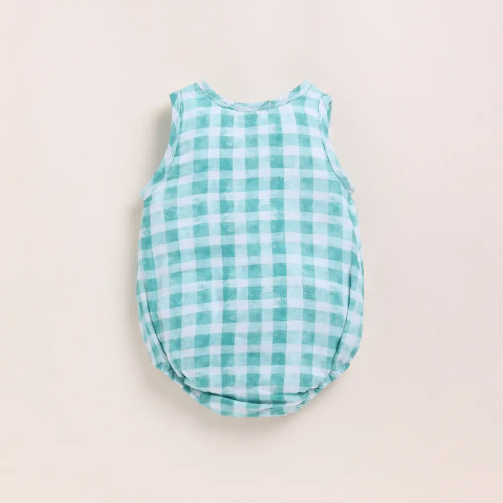 Cot &amp; Candy Baby Organic Muslin Bubble Romper-Teal Checks Print