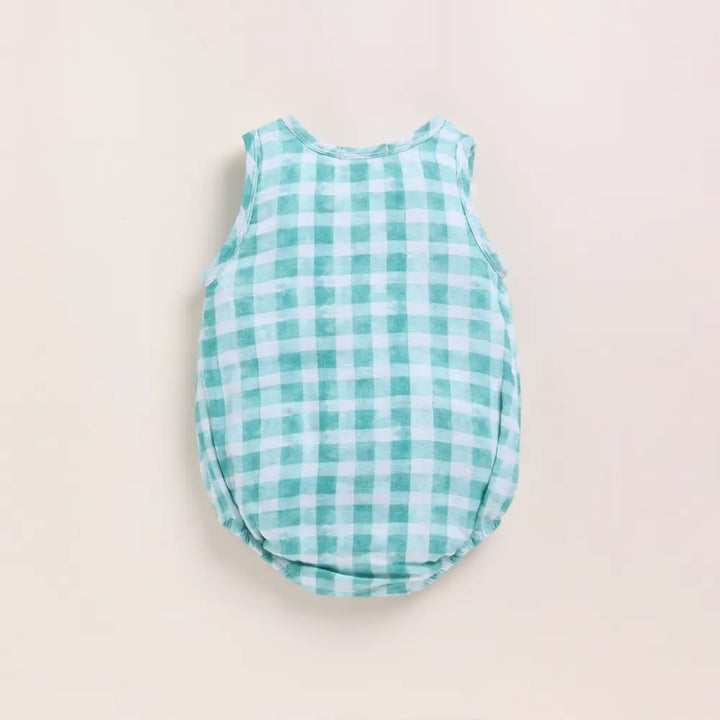 Cot &amp; Candy Baby Organic Muslin Bubble Romper-Teal Checks Print
