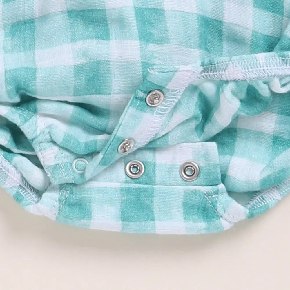 Cot &amp; Candy Baby Organic Muslin Bubble Romper-Teal Checks Print