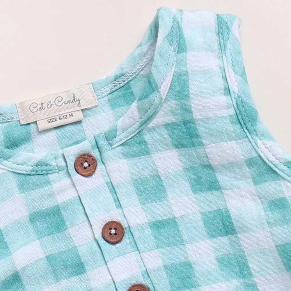 Cot &amp; Candy Baby Organic Muslin Bubble Romper-Teal Checks Print