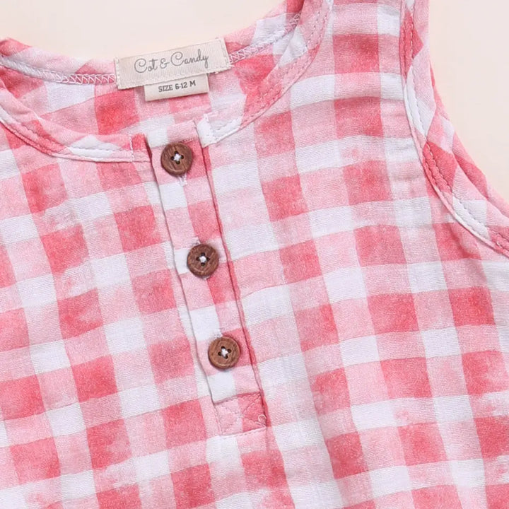 Cot &amp; Candy Baby Organic Muslin Bubble Romper-Pink Checks Print